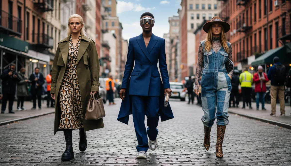 Fashion-forward individuals in neutral street style outside New York Fashion Week venue