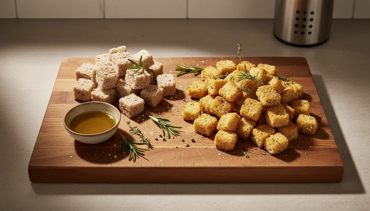 Ingredients and finished homemade croutons arranged on a wooden board Ingredients and finished homemade croutons arranged on a wooden board