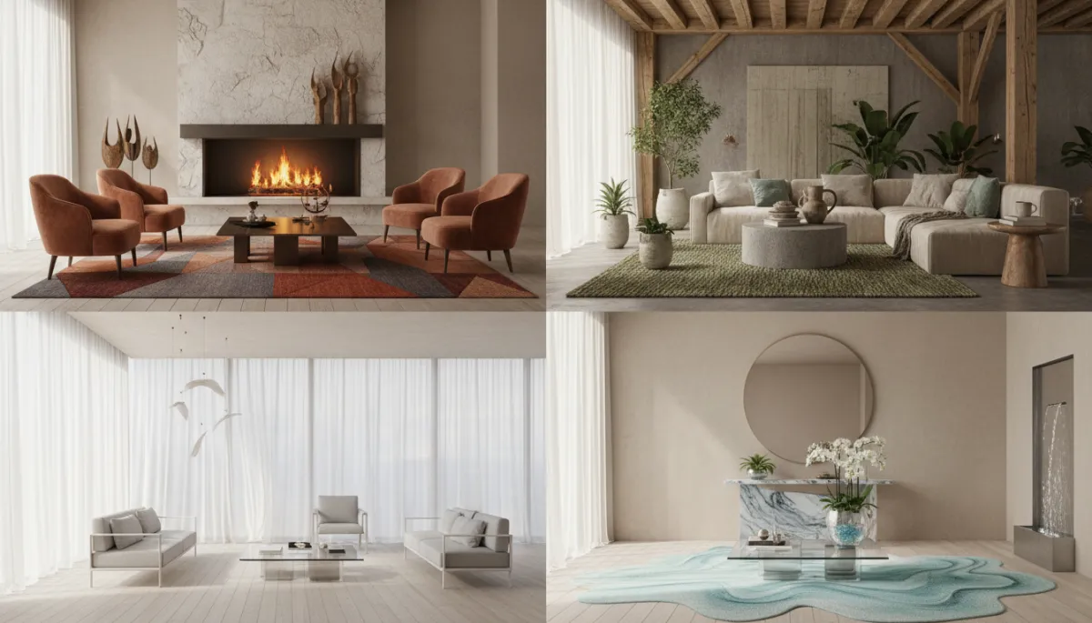 Living room styled in four variations inspired by the zodiac elements Living room styled in four variations inspired by the zodiac elements