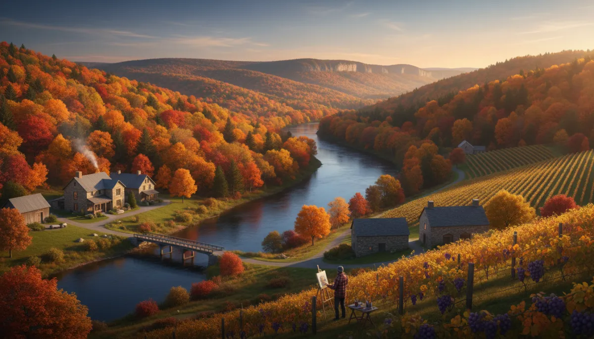 Professional view of a Hudson Valley village street framed by autumn foliage Professional view of a Hudson Valley village street framed by autumn foliage