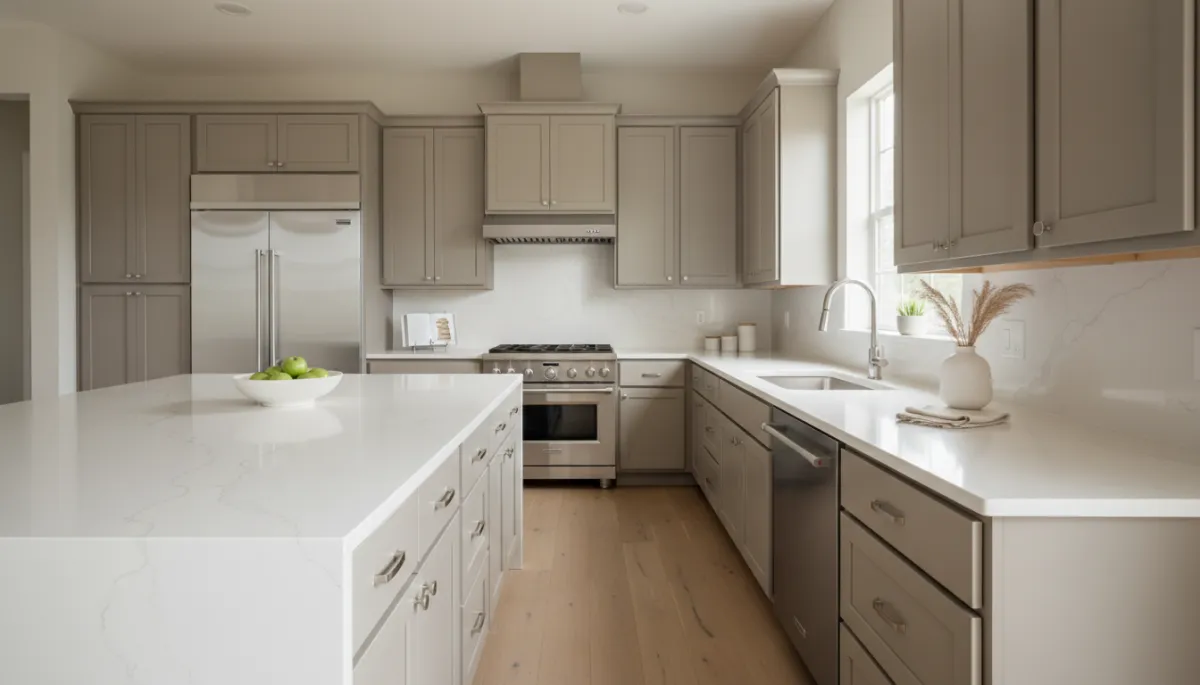 Freshly updated neutral kitchen staged for an Alpharetta home sale