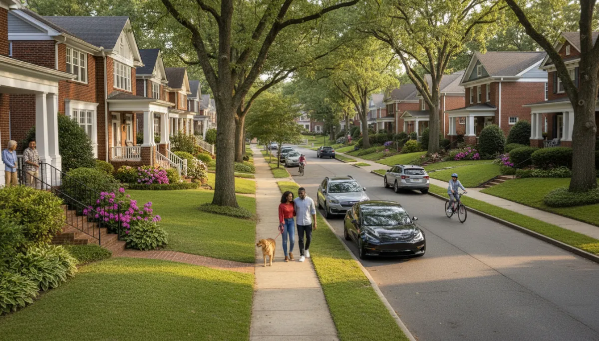 Create a highly photorealistic, high-resolution image of a classic Atlanta residential neighborhood in 2026, avoiding any signs of artificiality. Show a row of well-maintained single-family homes with distinct Atlanta architecture, including red brick exteriors, painted wood siding, welcoming front porches supported by columns, and craftsman-style details. The street gently curves and is lined with mature shade trees and lush, neatly trimmed green lawns. Add landscaped gardens and blooming shrubs to enhance curb appeal. The neighborhood is lively but authentic: feature a diverse group of real-looking residents, such as families casually walking dogs, neighbors chatting naturally on porches, and children riding bikes—use realistic body language and facial expressions. Park modern cars along the clean, wide sidewalks. Use soft, natural daylight to create an inviting, warm afternoon atmosphere. Ensure all elements—lighting, people, textures, and landscaping—look true-to-life and seamless, suitable for a professional relocation guide about moving from Washington DC to Atlanta.