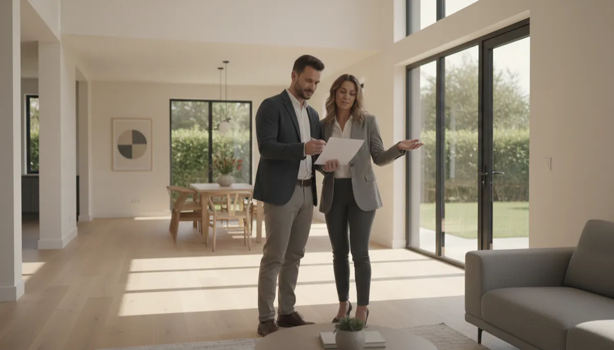 Homebuyers reviewing a checklist of questions with their real estate agent Homebuyers reviewing a checklist of questions with their real estate agent