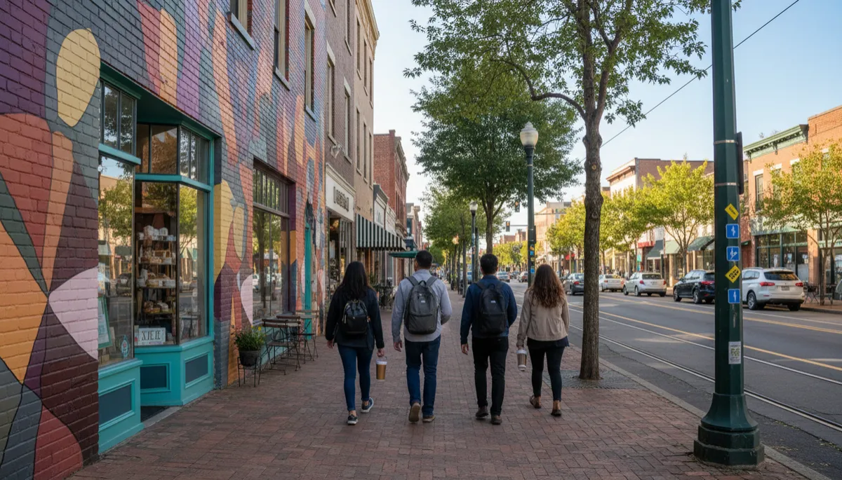 Small group following trail markers past colorful murals and local cafés