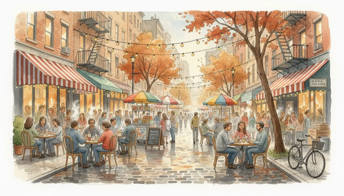 Lively New York street lined with diverse neighborhood restaurants Lively New York street lined with diverse neighborhood restaurants