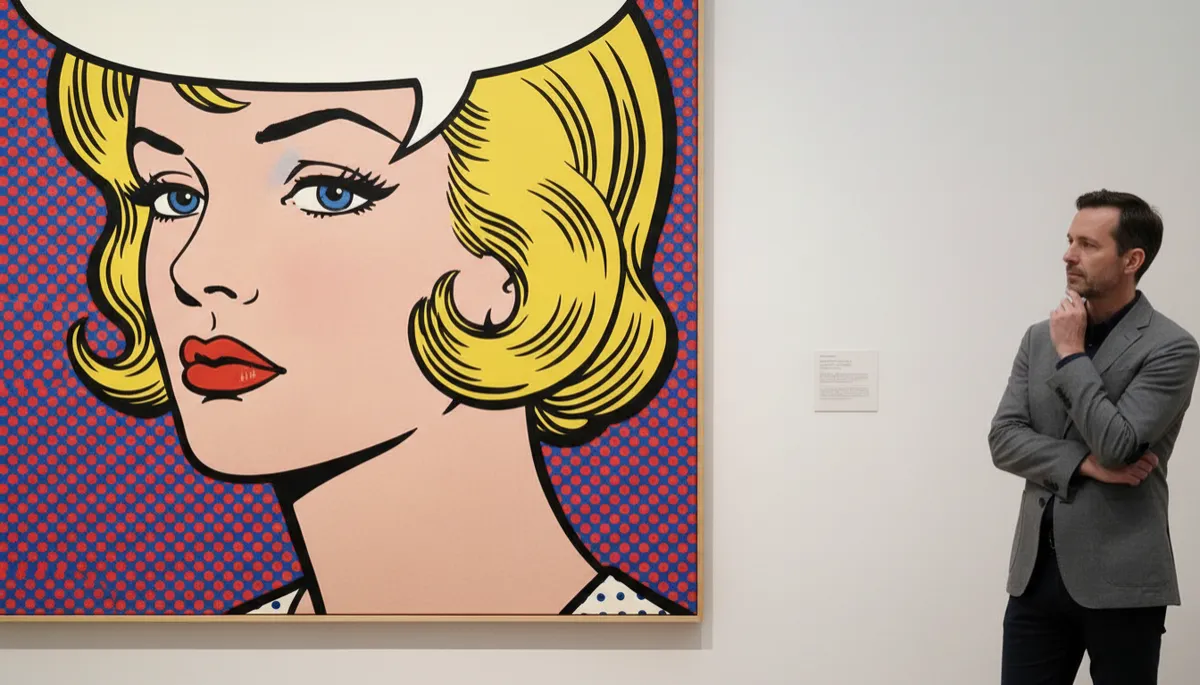 Close-up of Roy Lichtenstein painting with Ben-Day dots and bold lines