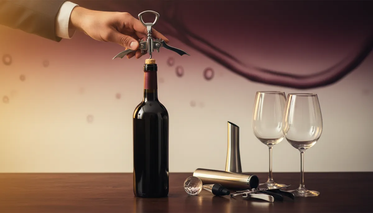 Host opening a bottle of red wine with a waiter's corkscrew at a dining table