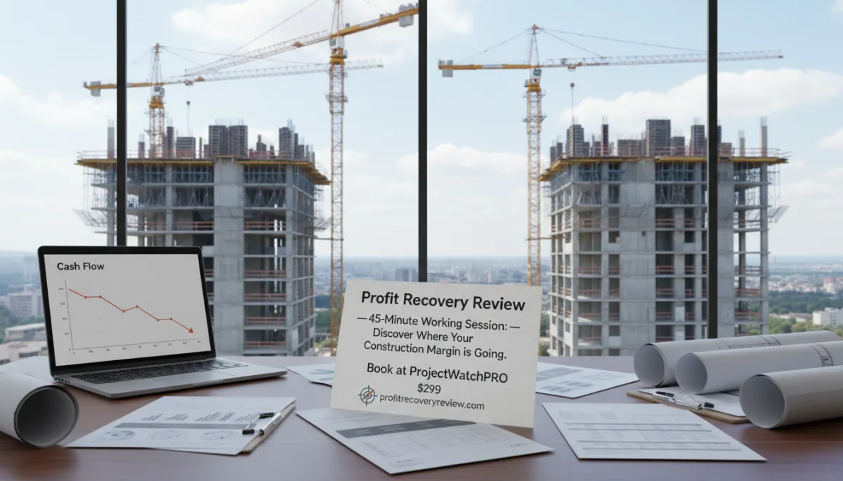Create a photorealistic, high-quality image of a construction business office setting. In the foreground, display a desk with scattered financial documents, blueprints, and a laptop showing a graph with declining cash flow. In the background, include a window overlooking a construction site with cranes and half-built structures. Prominently feature a call-to-action card on the desk that reads: 