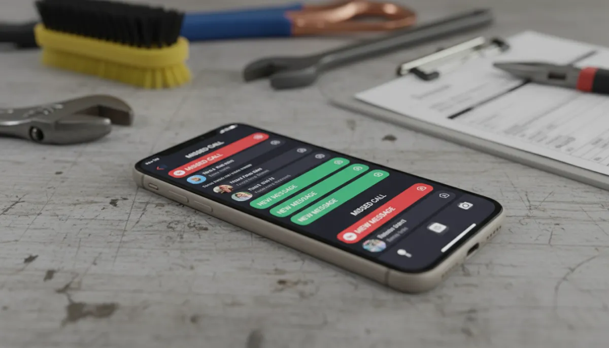 Photorealistic phone showing missed calls and messages next to HVAC tools