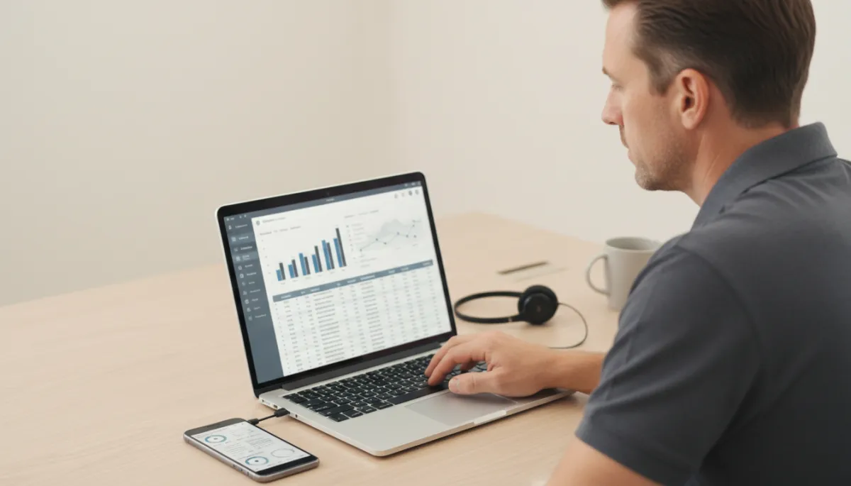 Photorealistic scene of a home service business owner reviewing call analytics on a laptop