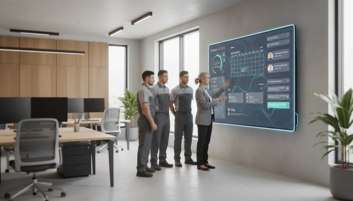 photorealistic neutral-toned modern home service office with technicians and an owner reviewing an AI-powered dashboard on a large screen, showing schedules, calls, and messages in real time, soft daylight, professional atmosphere