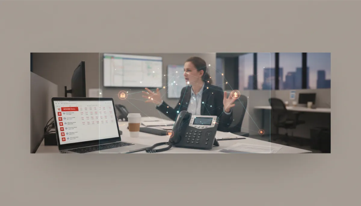 photorealistic neutral-toned scene inside an HVAC office, ringing desk phone and laptop showing missed call alerts and unread messages, stressed dispatcher in background, overlaid text on glass-style panel