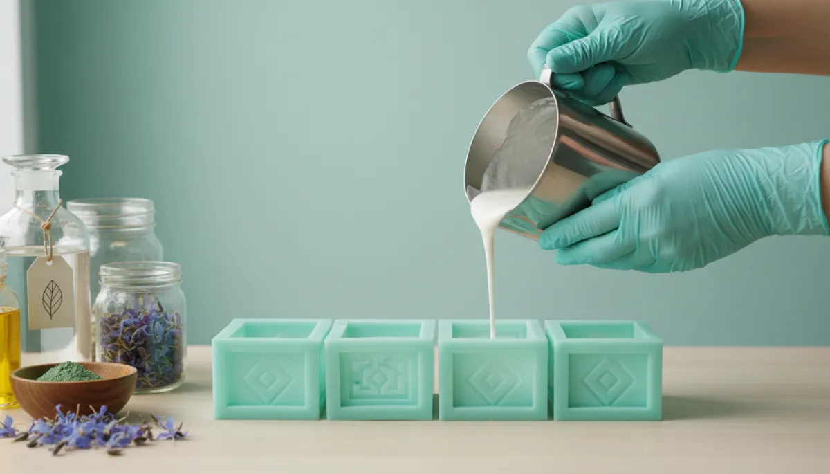 Hands pouring soap batter into molds on a modern clean work surface