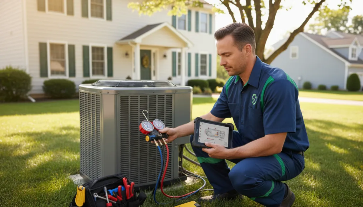 photorealistic HVAC technician in branded dark blue and green uniform kneeling beside an outdoor residential AC condenser unit, using diagnostic tools and a tablet, sunny suburban home background, clean professional contractor branding