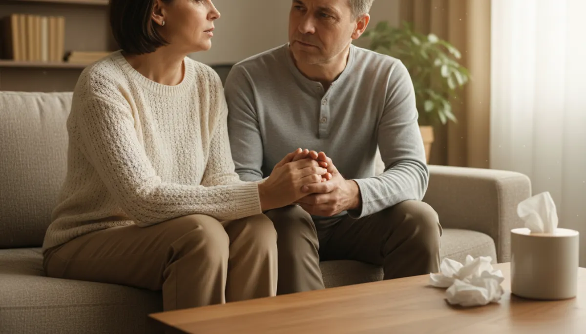 Parents sitting together on a couch, supporting each other through addiction in the family Parents sitting together on a couch, supporting each other through addiction in the family