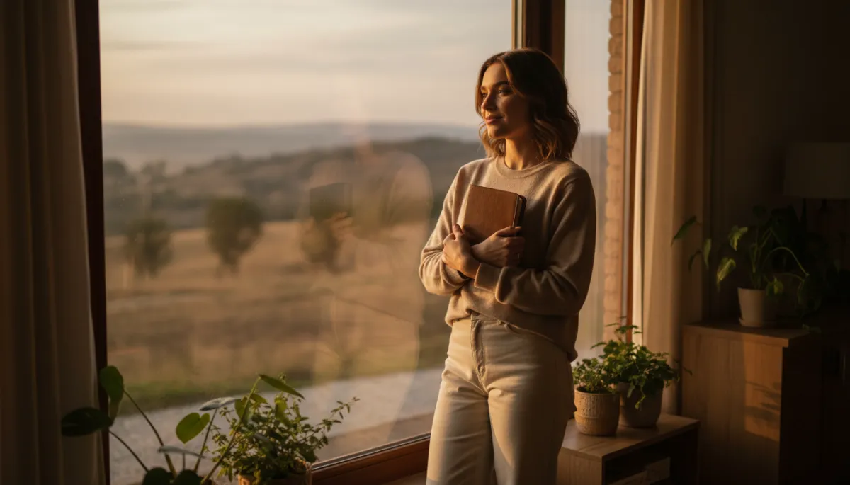 Parent standing by a window, feeling more peaceful and resolved after finding support Parent standing by a window, feeling more peaceful and resolved after finding support