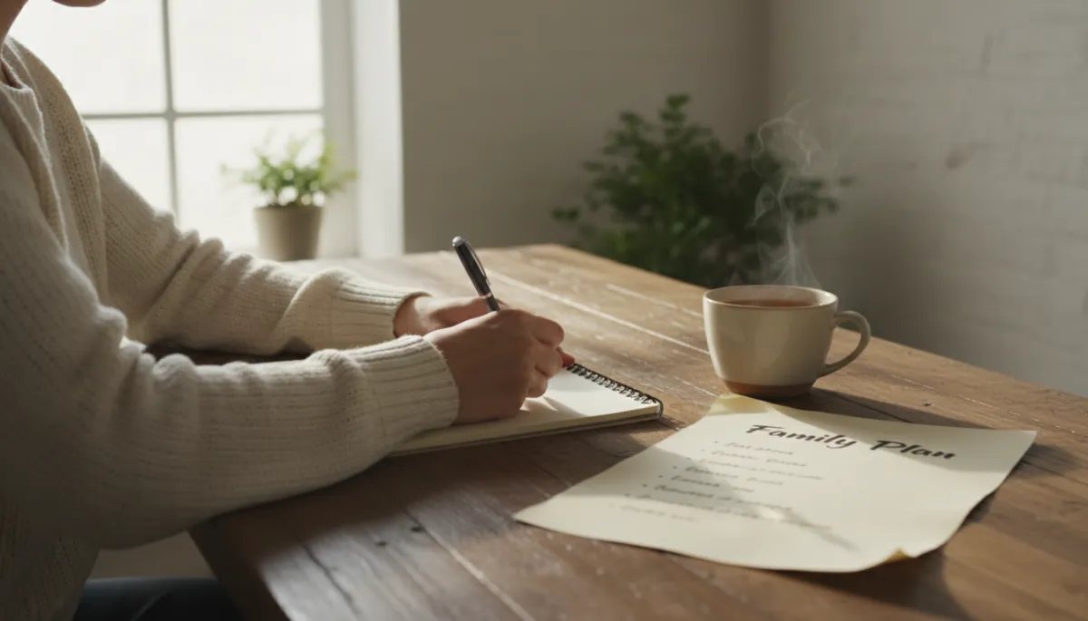 Parent writing a family reset plan to guide healing and structure Parent writing a family reset plan to guide healing and structure