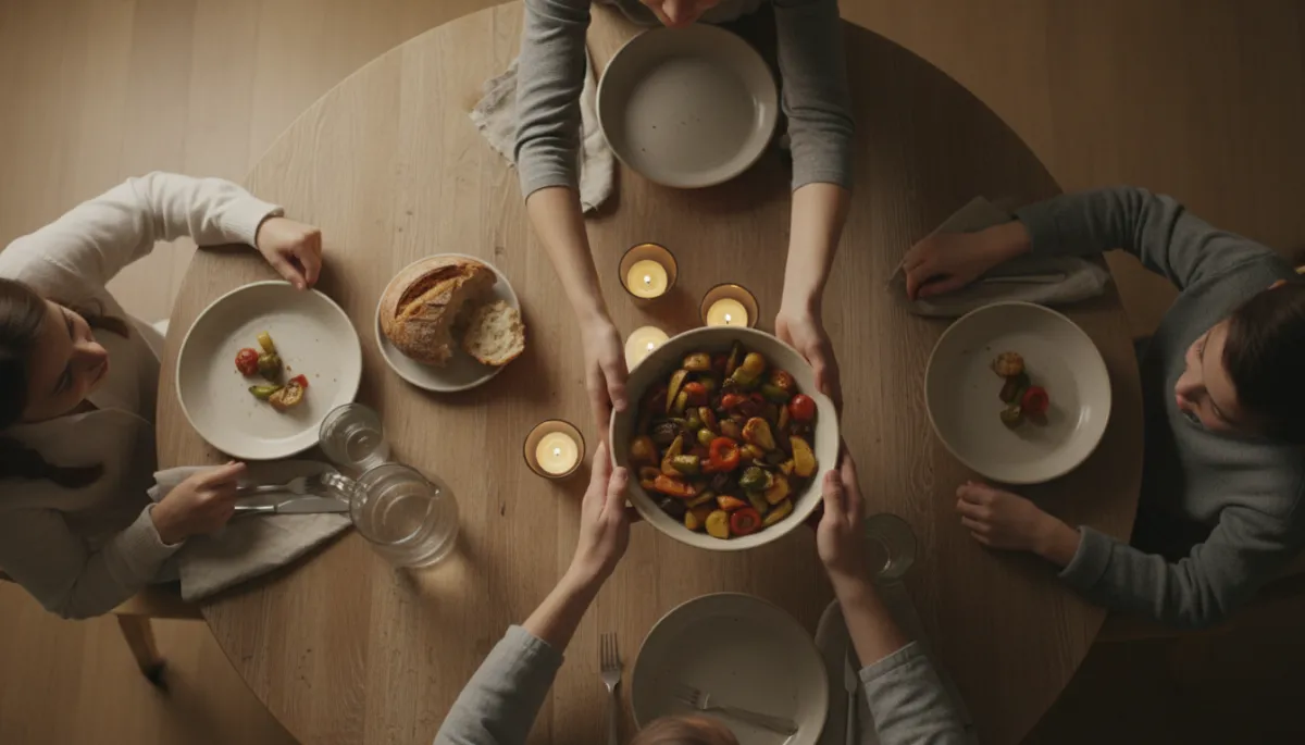 Family gathered around a dinner table, rebuilding connection and structure Family gathered around a dinner table, rebuilding connection and structure
