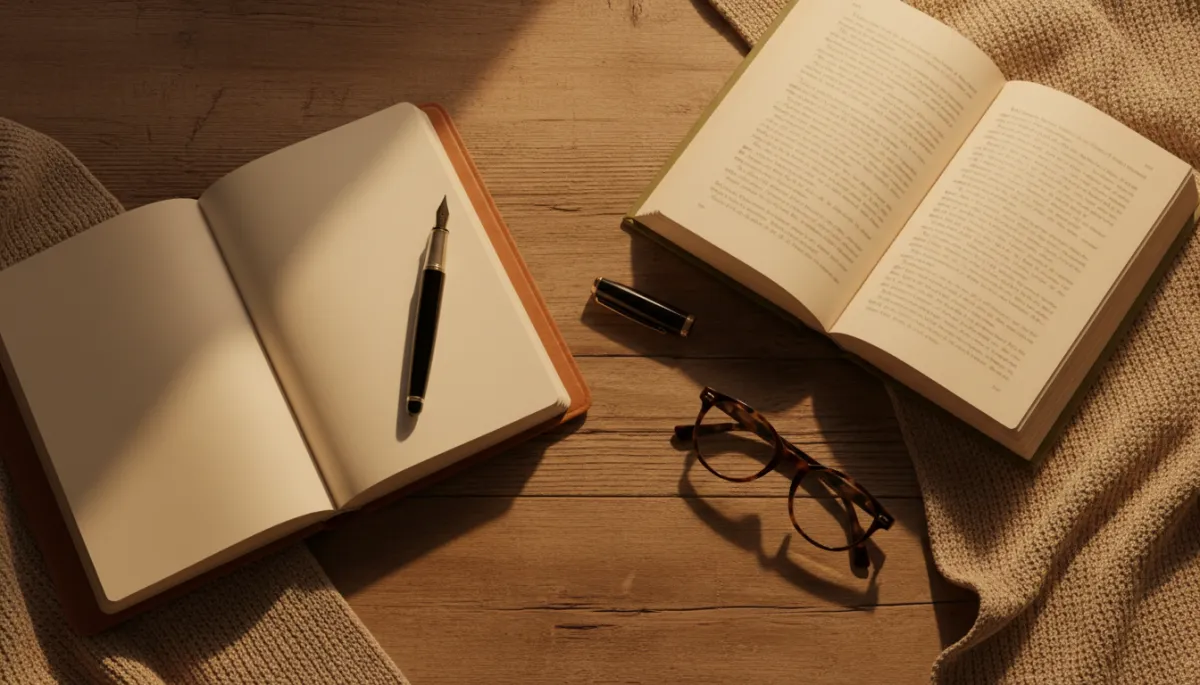 Journal, pen, and book on a wooden table with a cozy blanket Journal, pen, and book on a wooden table with a cozy blanket