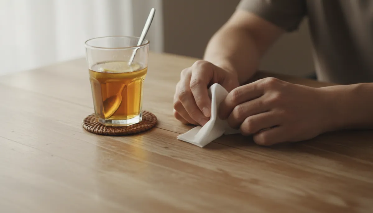 Parent’s hands resting on a table with a tissue and tea, showing emotional exhaustion Parent’s hands resting on a table with a tissue and tea, showing emotional exhaustion