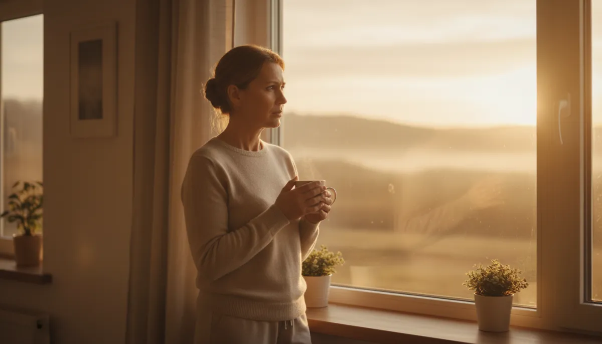 Parent standing at a window at sunrise holding a mug, looking thoughtful Parent standing at a window at sunrise holding a mug, looking thoughtful