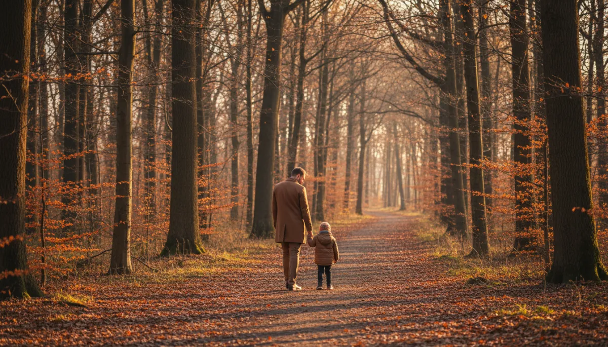 Parent walking alone on a tree-lined path in warm afternoon light Parent walking alone on a tree-lined path in warm afternoon light