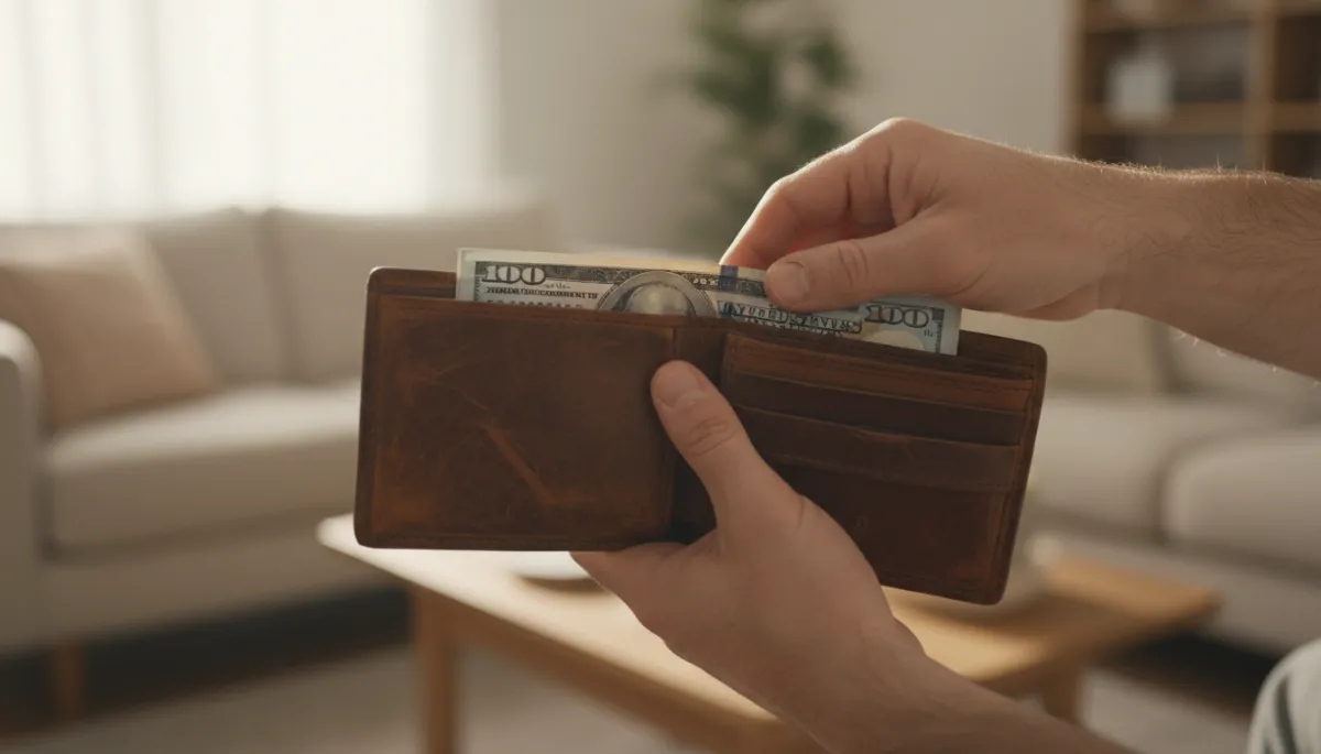 Parent holding cash and wallet, debating whether to give money to their child Parent holding cash and wallet, debating whether to give money to their child