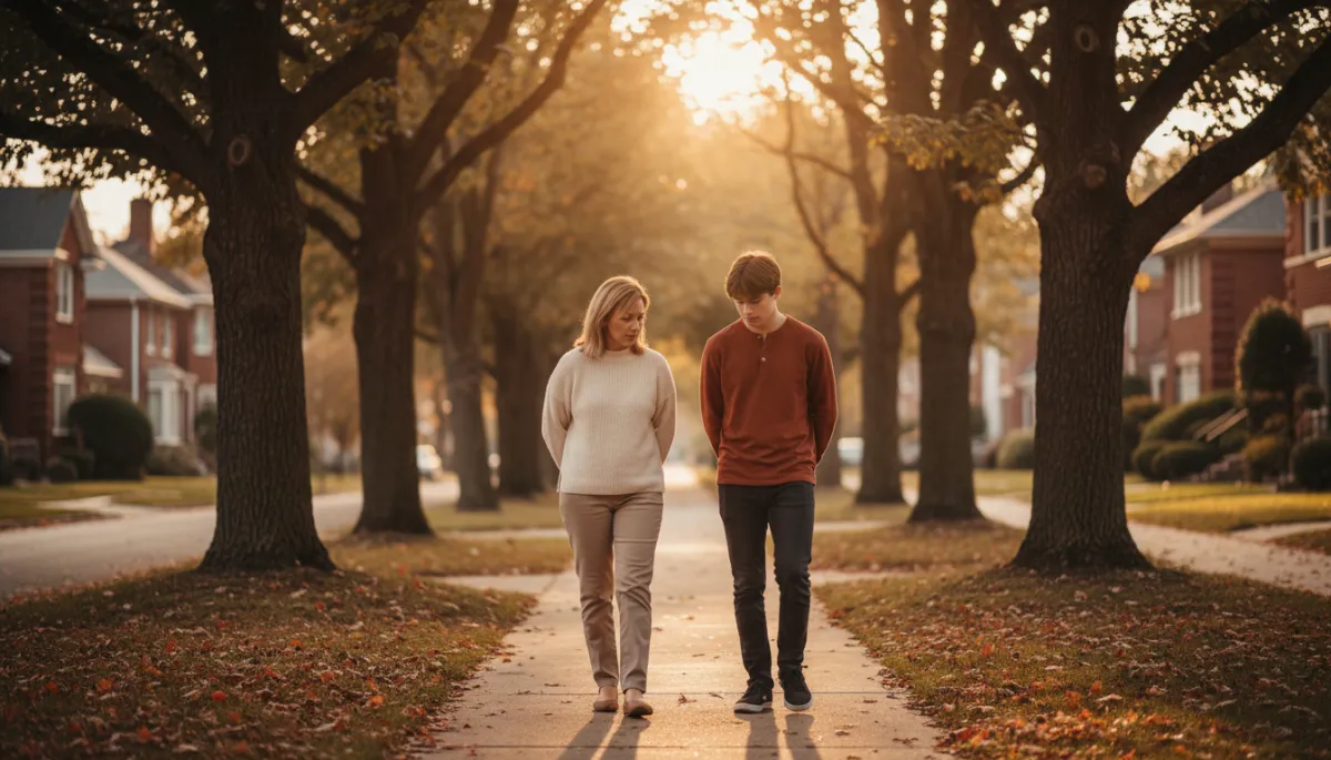 Parent and adult child walking together, talking about boundaries and support Parent and adult child walking together, talking about boundaries and support