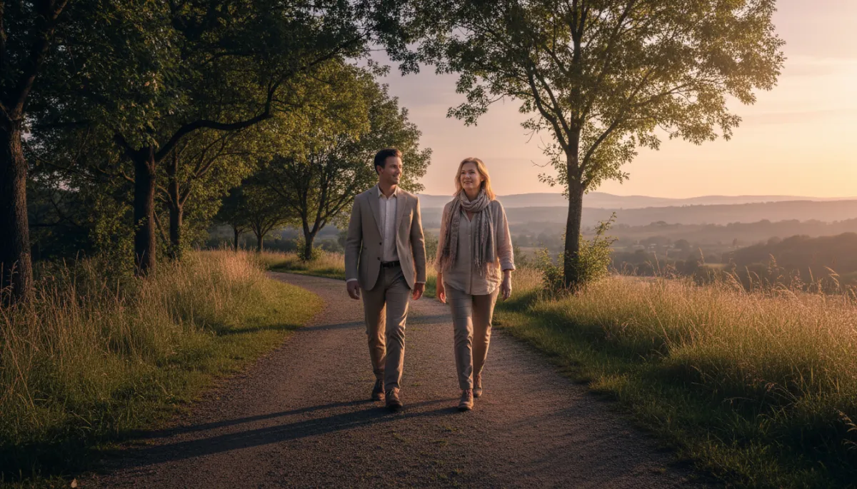 Parent and adult child walking together after rebuilding trust Parent and adult child walking together after rebuilding trust