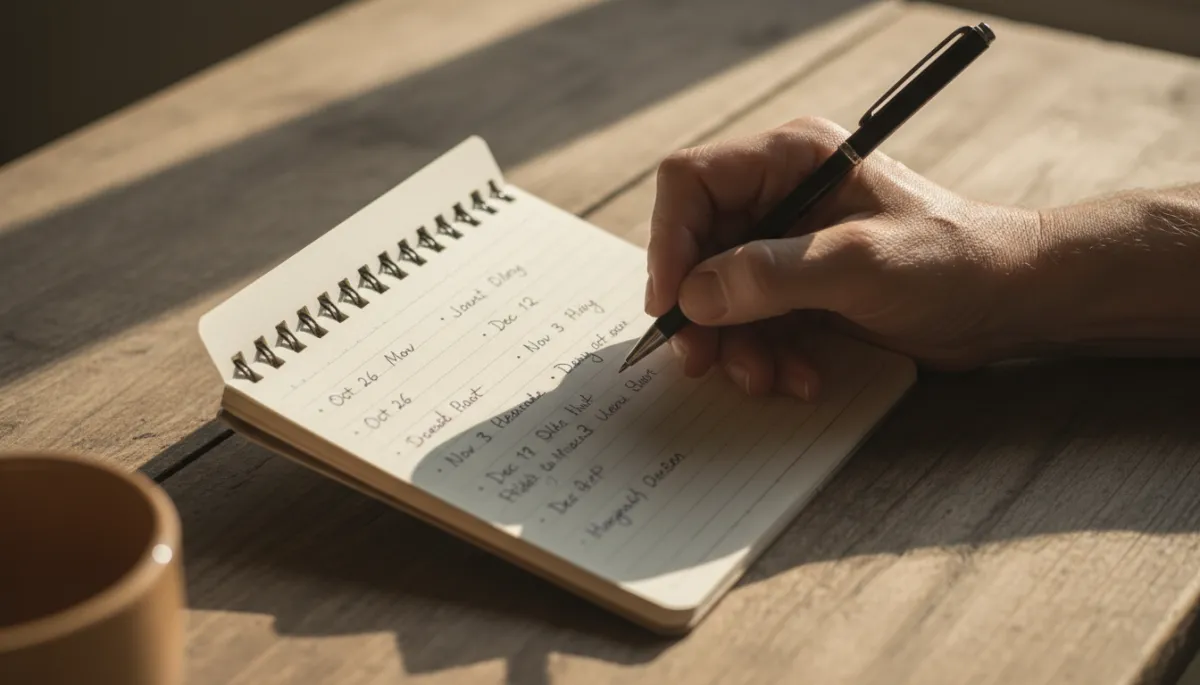 Parent holding a notebook and pen, reflecting at a wooden table