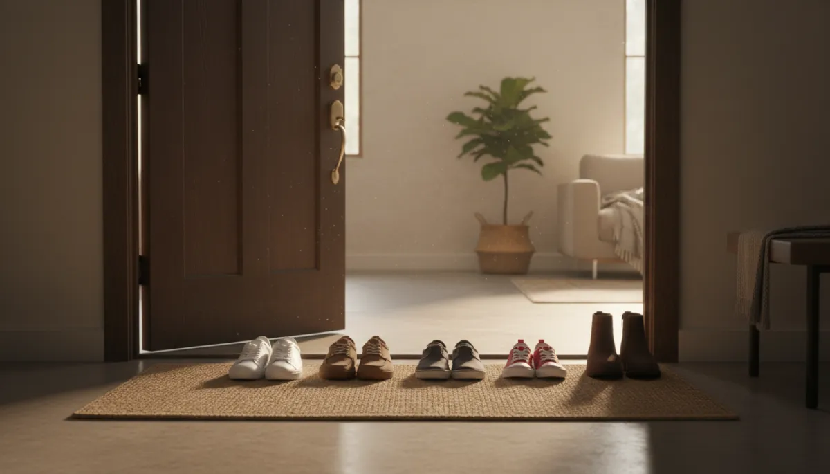 Front door slightly open with warm light, suggesting welcome and boundaries