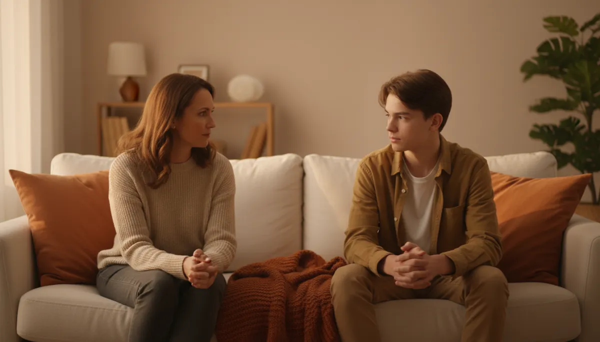 Parent and teen having a calm, serious conversation on a couch