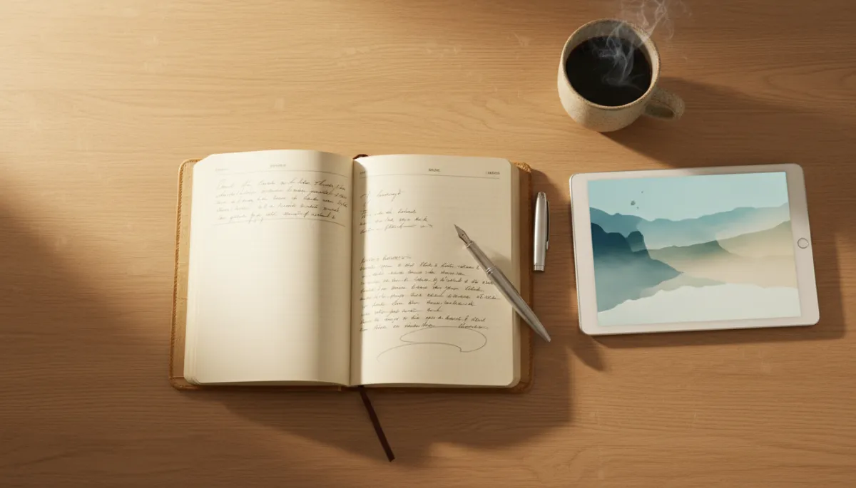 Journal, pen, and tablet on a wooden desk with warm light