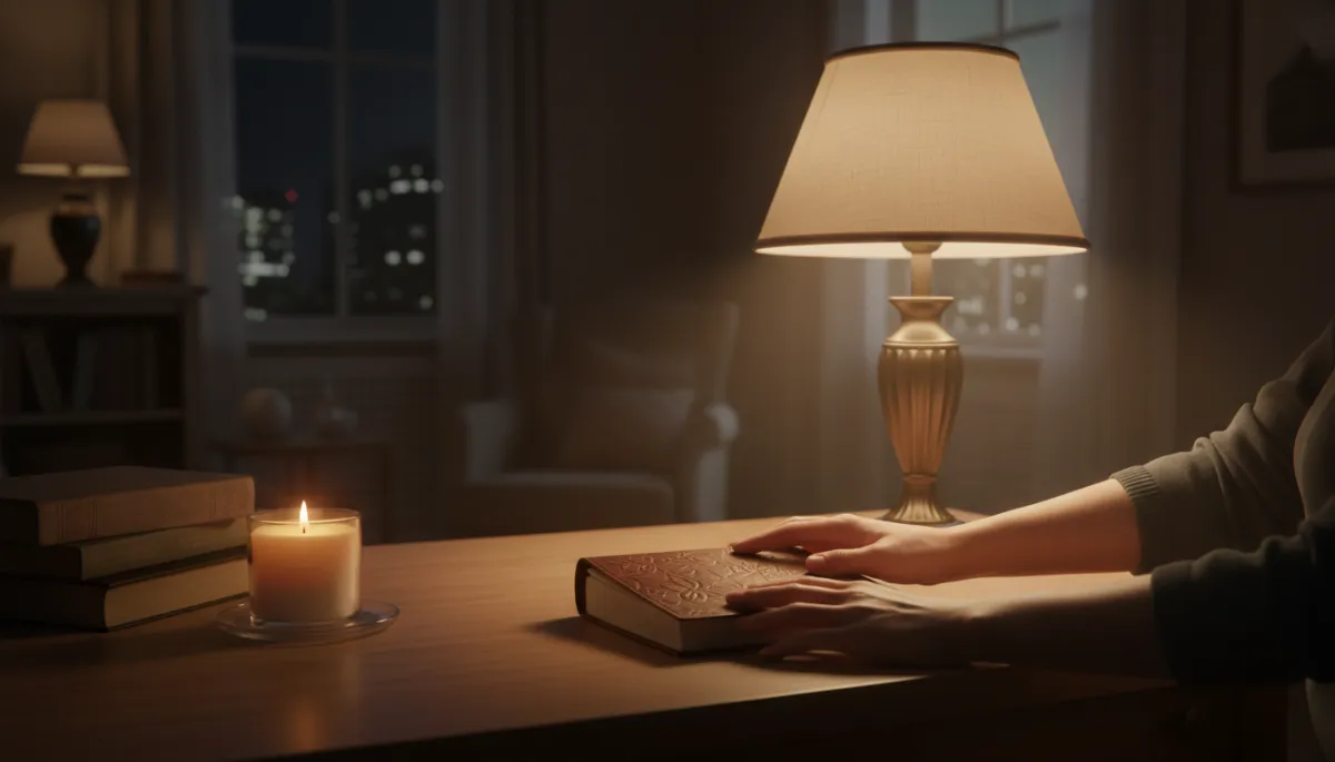 Parent closing a journal after planning for relapse preparation, candle glowing softly Parent closing a journal after planning for relapse preparation, candle glowing softly