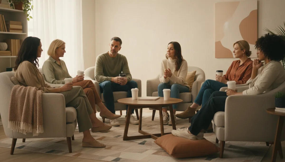 Parents sitting in a support group circle discussing recovery and relapse fears Parents sitting in a support group circle discussing recovery and relapse fears