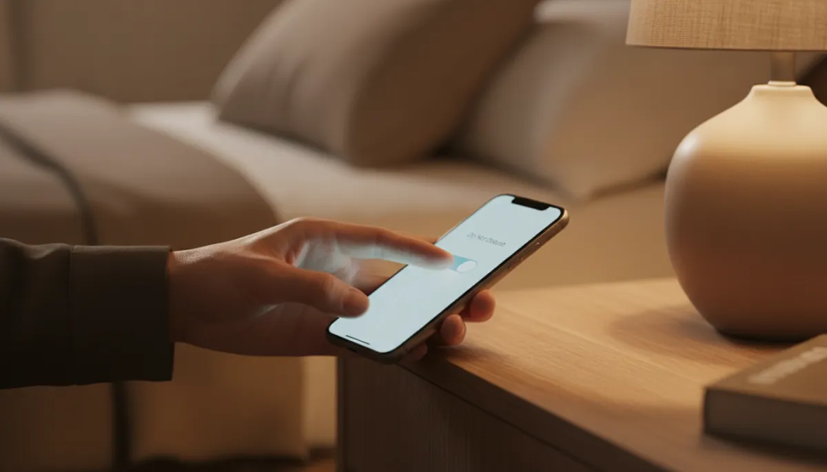 Parent’s hand turning off phone notifications at night on a bedside table Parent’s hand turning off phone notifications at night on a bedside table