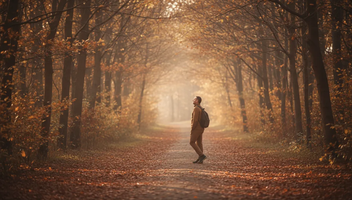 Parent walking alone on a tree-lined path at golden hour, looking peaceful Parent walking alone on a tree-lined path at golden hour, looking peaceful