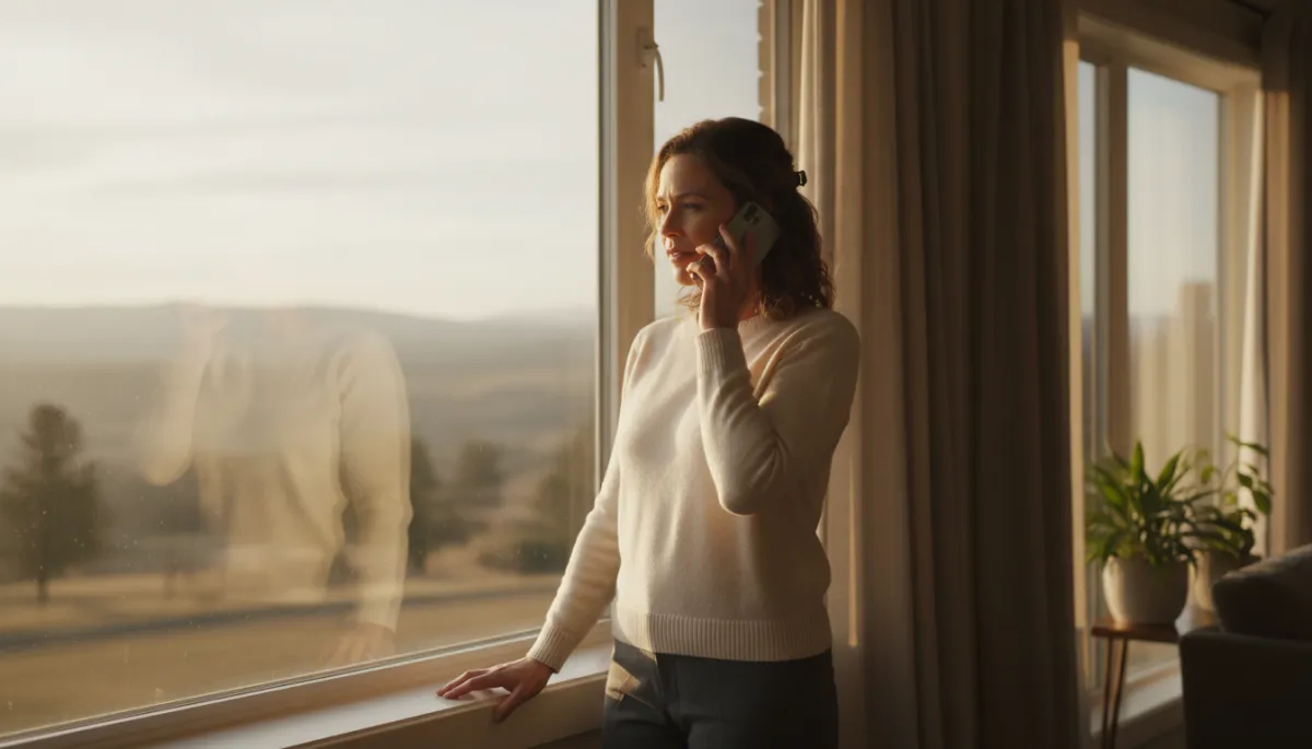 Parent calmly ending a tense phone call while standing by a window Parent calmly ending a tense phone call while standing by a window
