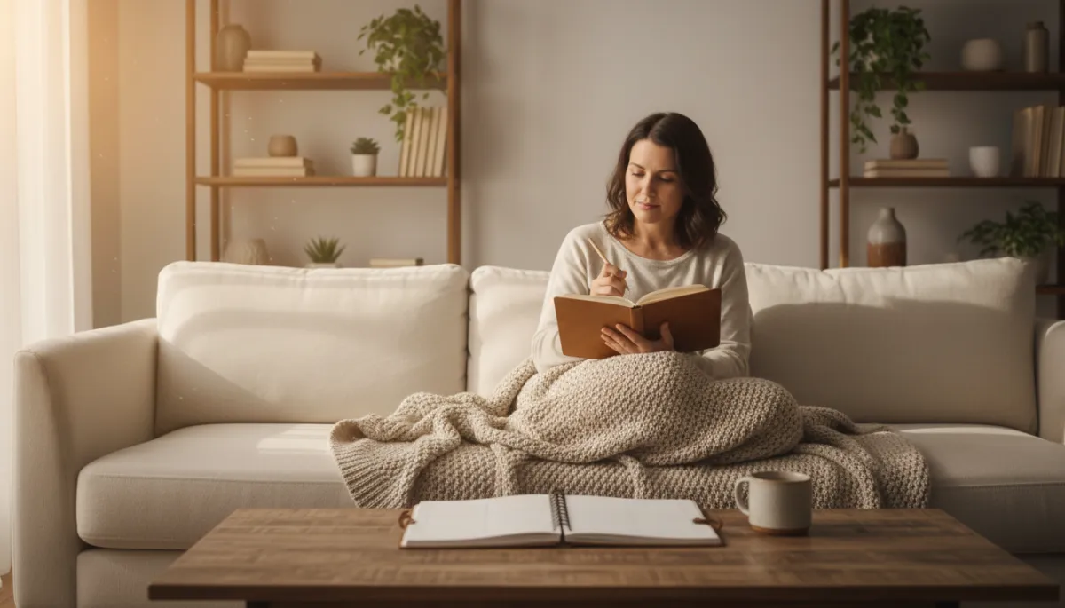 Parent journaling on a cozy sofa with a workbook and sunlight streaming in Parent journaling on a cozy sofa with a workbook and sunlight streaming in