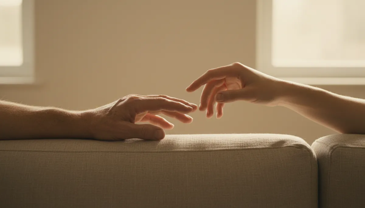 Parent and young adult child sitting side by side on a couch with hands almost touching Parent and young adult child sitting side by side on a couch with hands almost touching