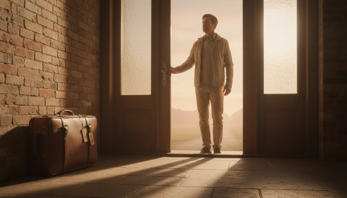 Parent standing at a front door at sunrise with suitcase nearby, facing a difficult decision Parent standing at a front door at sunrise with suitcase nearby, facing a difficult decision