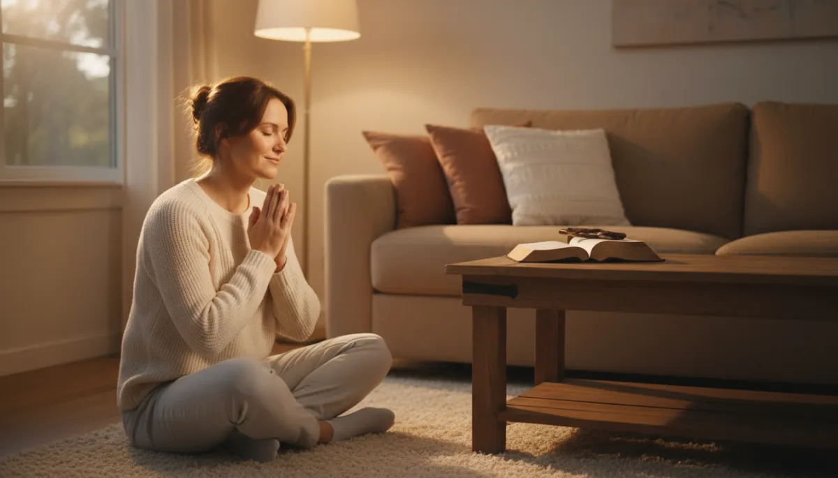 Parent sitting on living room floor in quiet prayer with soft evening light Parent sitting on living room floor in quiet prayer with soft evening light