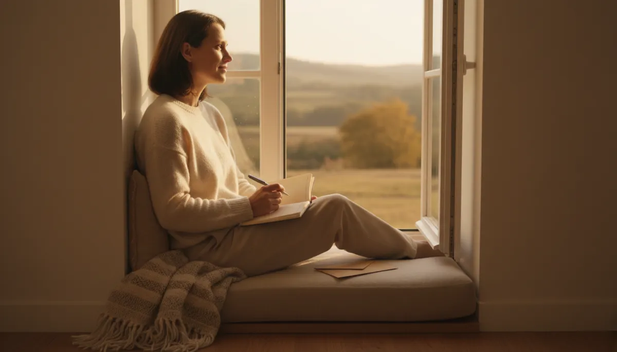 Parent by a window reflecting and writing supportive plans