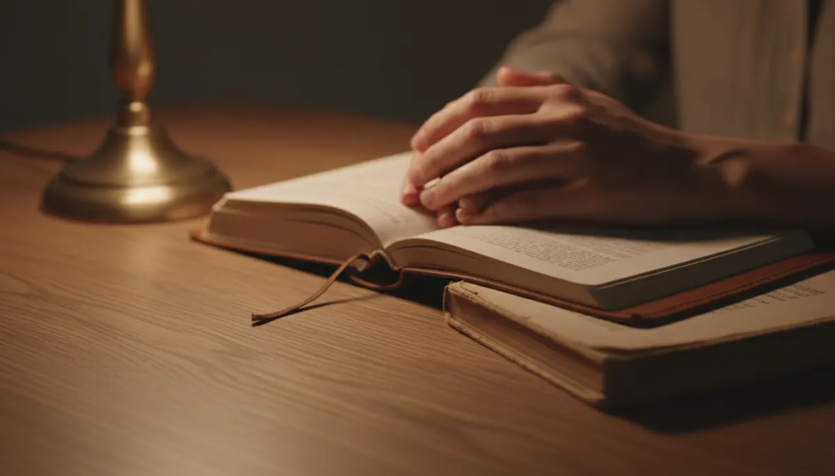 Hands resting on a journal in quiet prayerful reflection