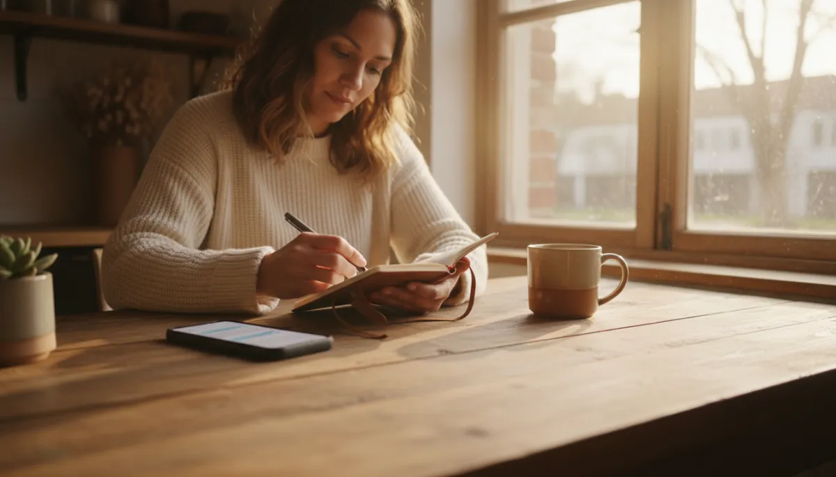 Parent at a kitchen table using notes to guide a text reply