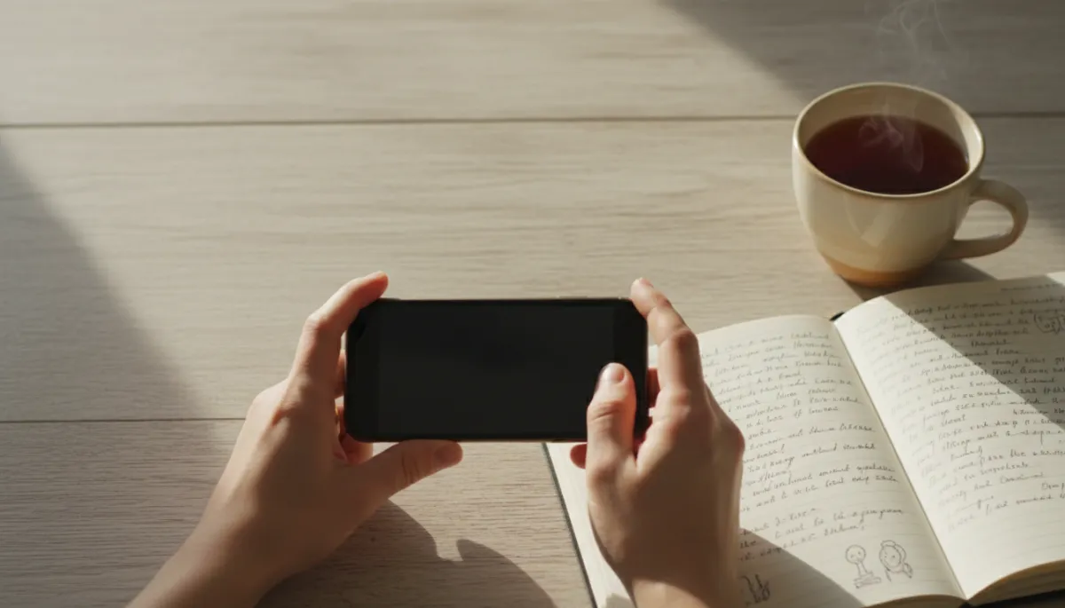 Parent holding a phone next to a notebook and tea, preparing a thoughtful response