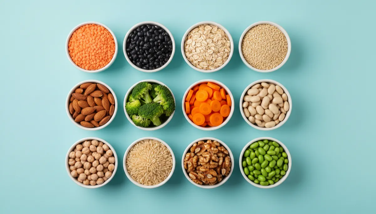 Create a photorealistic, high-quality image featuring an assortment of high-fiber foods—such as lentils, beans, whole grains, nuts, seeds, and fresh vegetables—artfully arranged in a neat, symmetrical grid of small round bowls. Place the bowls evenly spaced on a clean, soft aqua background. Ensure the image has a balanced, rectangular shape with moderate negative space around the edges, avoiding any distortion or odd cropping. The composition should be visually tidy and professional, highlighting the variety of fiber sources to support the blog’s focus on diversity rather than quantity. Use natural lighting to enhance color and texture, ensuring the image is smaller in scale and well-suited for a modern blog layout.