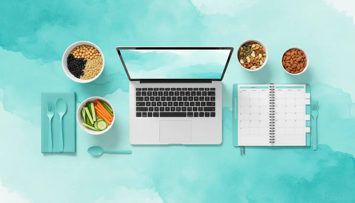 other style flat-lay of a work desk with laptop, planner, and bowls of colorful high-fiber foods such as beans, whole grains, nuts, seeds, and sliced vegetables, accented with fresh aqua utensils and napkins