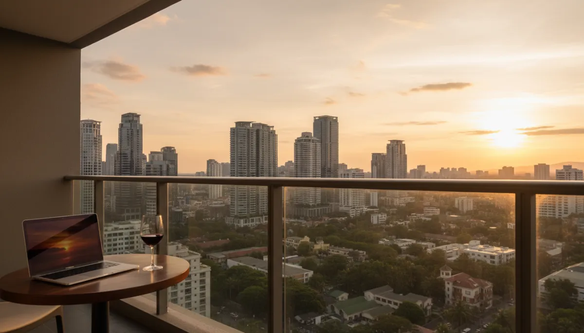 Condo balcony view over a Philippine business district suitable for retirees and executives