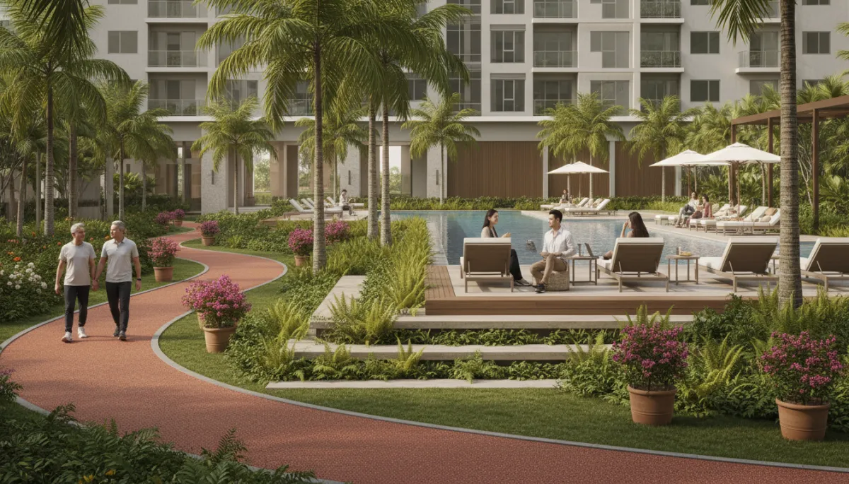 Modern Philippine condominium podium with gardens and pool for retirees and professionals